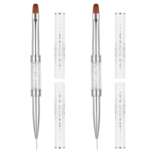 Wanmu 2Pcs Double Ended Nail Builder Gel Brush, Hard Gel French Tip Brushes, Brush Liner with Rhinestone Handle for Salon-Grade Nail Art Design Tool (White)