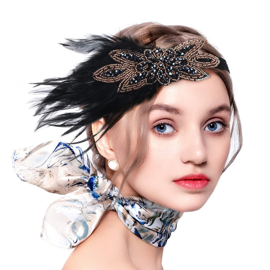 Sibba 1920s Feather Gatsby Headpiece for Women Girls 1920s Flapper Hair Headband 20's Headdress Accessories for a 20s Night Vintage Crystal Costume Prom Wedding Cocktail Party Retro Style Theme