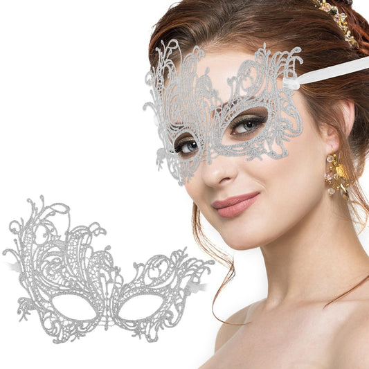 Sibba Masquerade Mask Halloween Costume Fancy Dress Party Feather Lace Jewel Eye Face Jewelry Holding Carnival Ball Set Wedding Christmas Festivals Couples Women Adults(Silver)