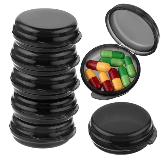 Small Pill Box, Travel Round Pill Case, Portable Medicine Pill Container Holder, Daily Mini Pill Organizer for Purse Pocket to Hold Vitamin Medication Fish Oil Supplement (Black, 7PCS)