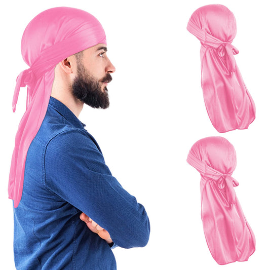 Sibba Satin Durags 2 Pieces Long Silky Silk Velvet No Sweat Hat Liners Waves Pack Turban Head Wrap for Dreadlocks and Curls Men Man Women (Pink)