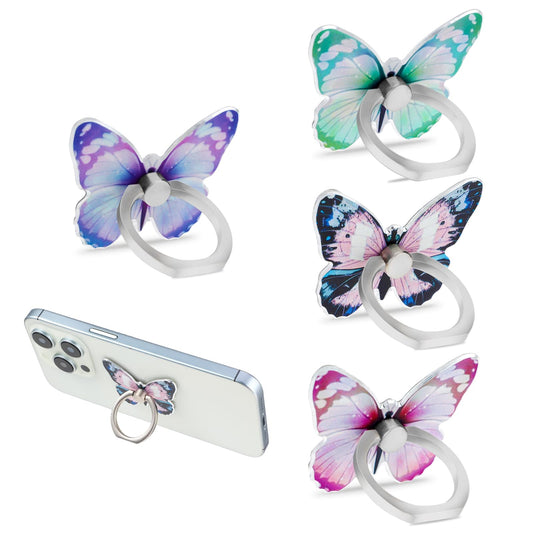 COMNICO Butterfly Cell Phone Ring Holder, 4 Pcs Cute 360 Degrees Rotation Ring Holder Grip Universal Kawaii Metal Finger Cellphone Stand Set for Girls and Women Phones or Case