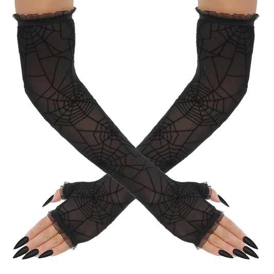 Sibba Fingerless Gloves 1 Pair 1920s Lace Costume Black Fishnet Tea Party Bridal Wedding Prom Halloween Cosplay Tulle Sleeves Gothic Mesh Fingers Long Arm Sun Uv Protection Glitter Goth Wrist Princess