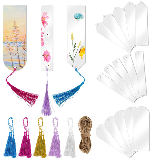 Dimeho 31Pcs Acrylic Bookmarks Blanks Bulk Clear Bookmarks Craft Bookmarks with Tassels & Twine String for Vinyl DIY Craft Graduation Gift Tag(3 Shape of Bookmarks and 5 Colors Tassels)