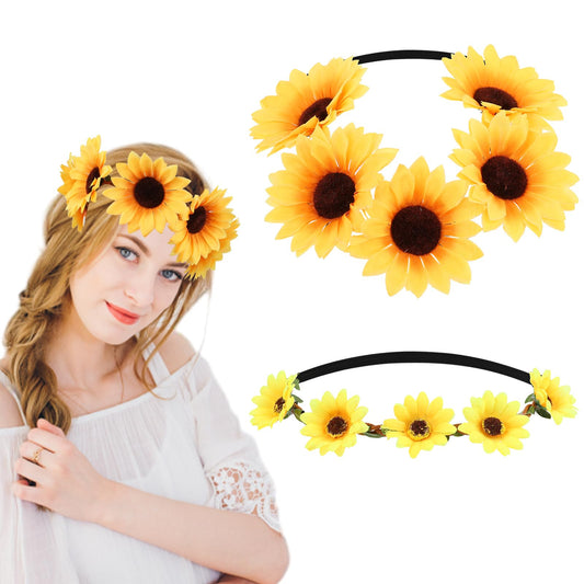 2pcs Sunflower Crown Wreath Bohemian Floral Crown Garland Headbands Hawaiian Stretch Headpiece with Adjustable Ribbon Fashion Photo Props Elastic Hair Bands for Festival Wedding Party Girl Women