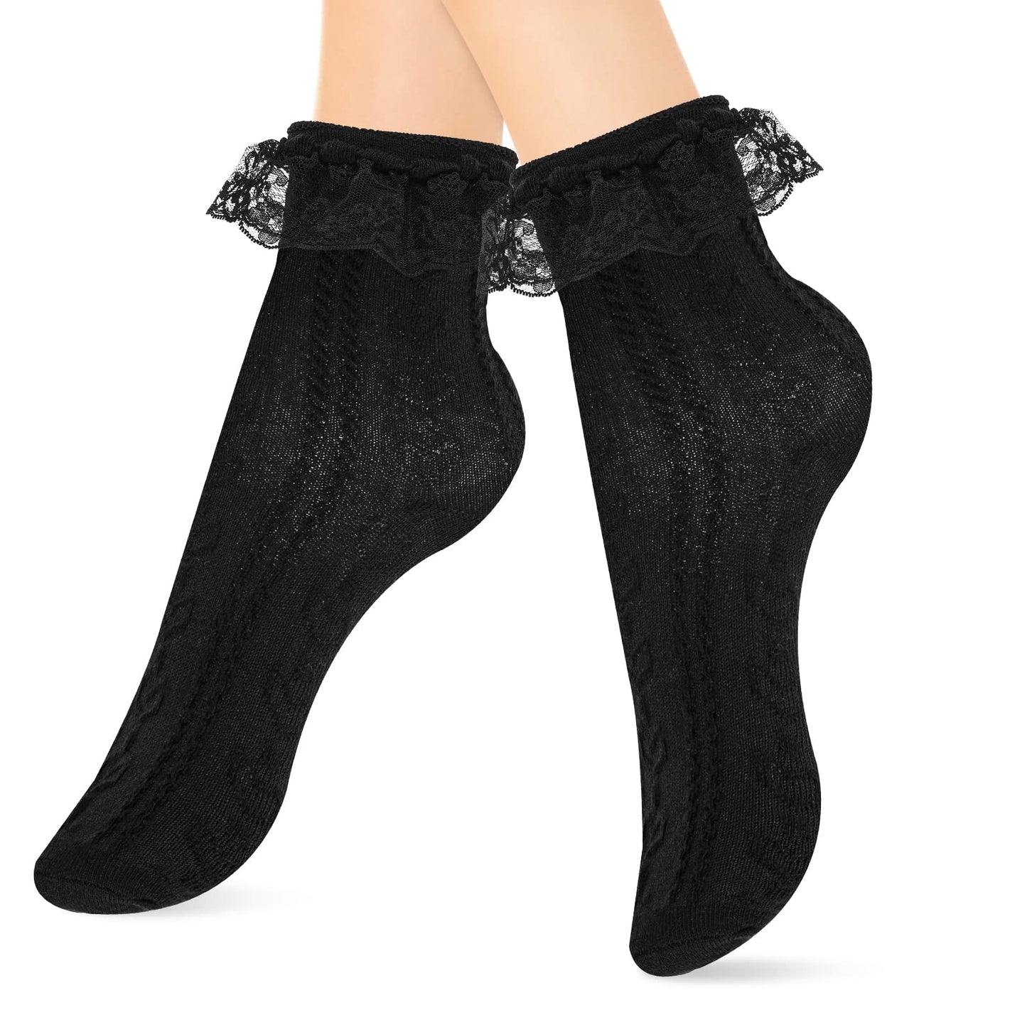 Sibba Ruffle Liners Lace Ankle Socks 1 Pair Frilly Crew Elastic Cotton Sock Princess Fairy Goth Cuffs Cute Dress Valentines Christmas Easter Day Women Girls Schoolgirl Clothing Costume (Black)