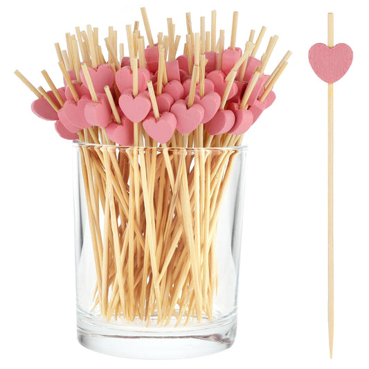 COMNICO 100 Pack Heart Shaped Fruit Toothpicks 4.7 Inches Pink Cute Mini Bamboo Wooden Skewers Colored Food Decoration Sticks Cocktails Appetizers Fruit Cakes Desserts BBQ Snacks Sandwiches