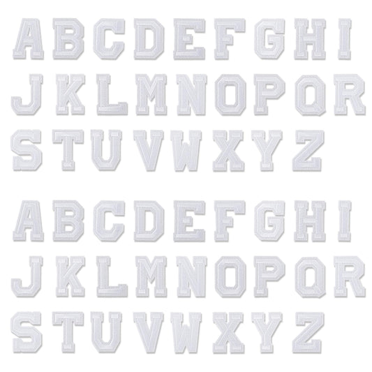 52Pcs Iron on Letter Patches Alphabet Embroidered Patch White Letter A-Z Applique Decorate Repair Sew Letter Patches for Clothes Dresses Socks Jeans DIY Accessories Bags Hats Shirts