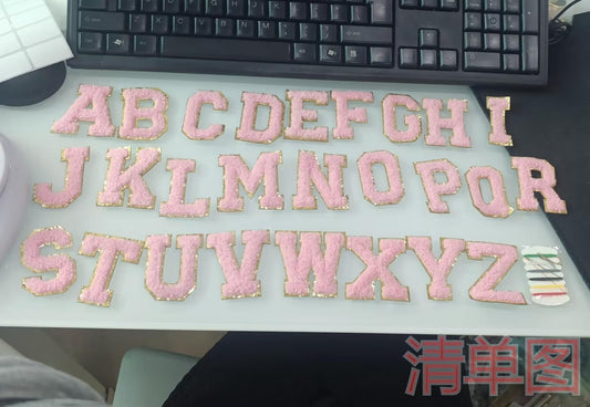 26Pcs Self-Adhesive Chenille Letters Patches, White Varsity Iron on Letter Patches Stickers, Glitter Chenille Alphabet Patches for Cloth, Stick on Backpacks Hats Repair Embroidered Preppy Patch(Pink)