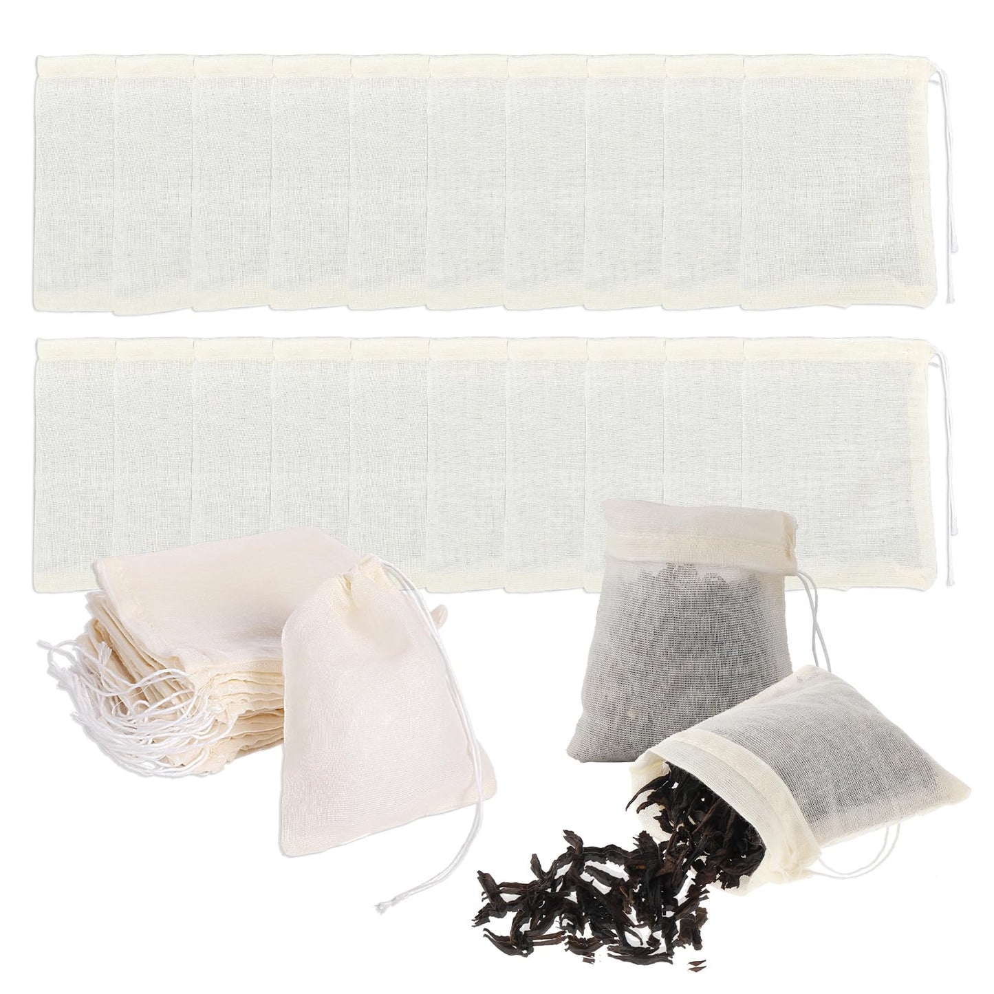 Sibba 20PCS Muslin Cloth Bags, Natural Unbleached Strainer Filter Cheese Bags, Reusable Empty Coffee Tea Bags, Soup Gravy Broth Stew Bags, Bone Broth Brew Bags, Spice Bags, 4.7× 7.4 inches
