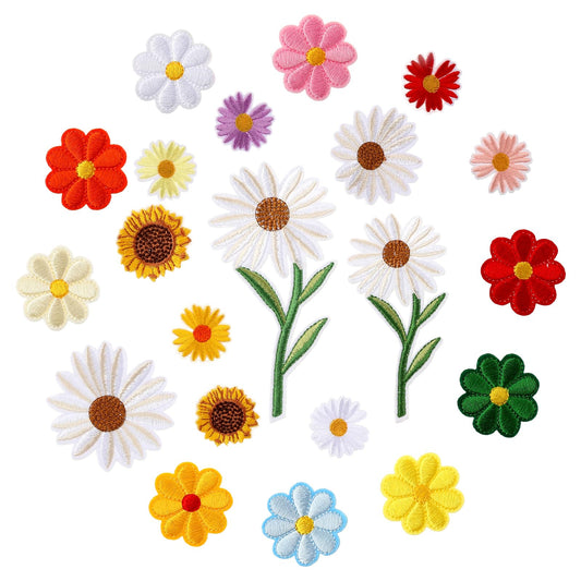 COMNICO Daisy Flower Iron On Patches, 21 Pcs Embroidered Patches Sunflower Applique Patches for DIY Decoration Clothes Backpacks T-Shirt Jeans Jackets Shoes