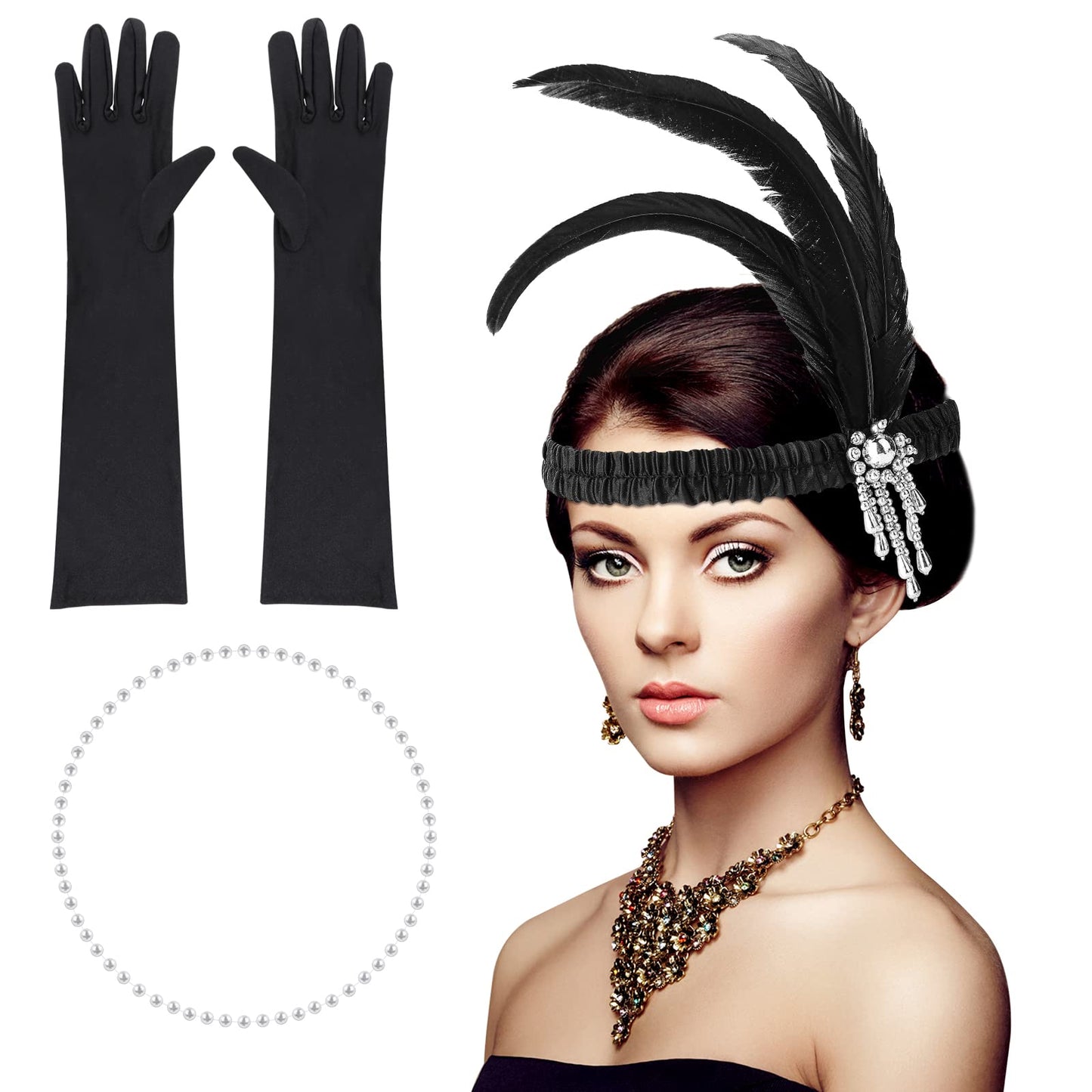 Sibba 1920s Flapper Headband Gatsby Accessories for Women Girls Pearl Necklace Faux Vintage Feather Crystal Hair 20's Dress Headpiece Costume Prom Wedding Carnival Cocktail Party Retro Style Theme