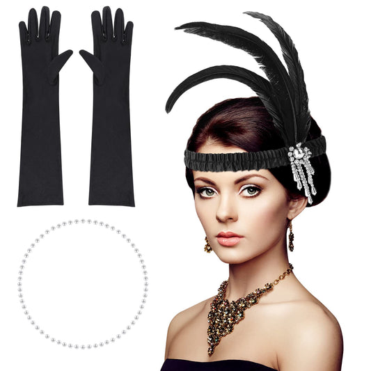 Sibba 1920s Flapper Headband Gatsby Accessories for Women Girls Pearl Necklace Faux Vintage Feather Crystal Hair 20's Dress Headpiece Costume Prom Wedding Carnival Cocktail Party Retro Style Theme