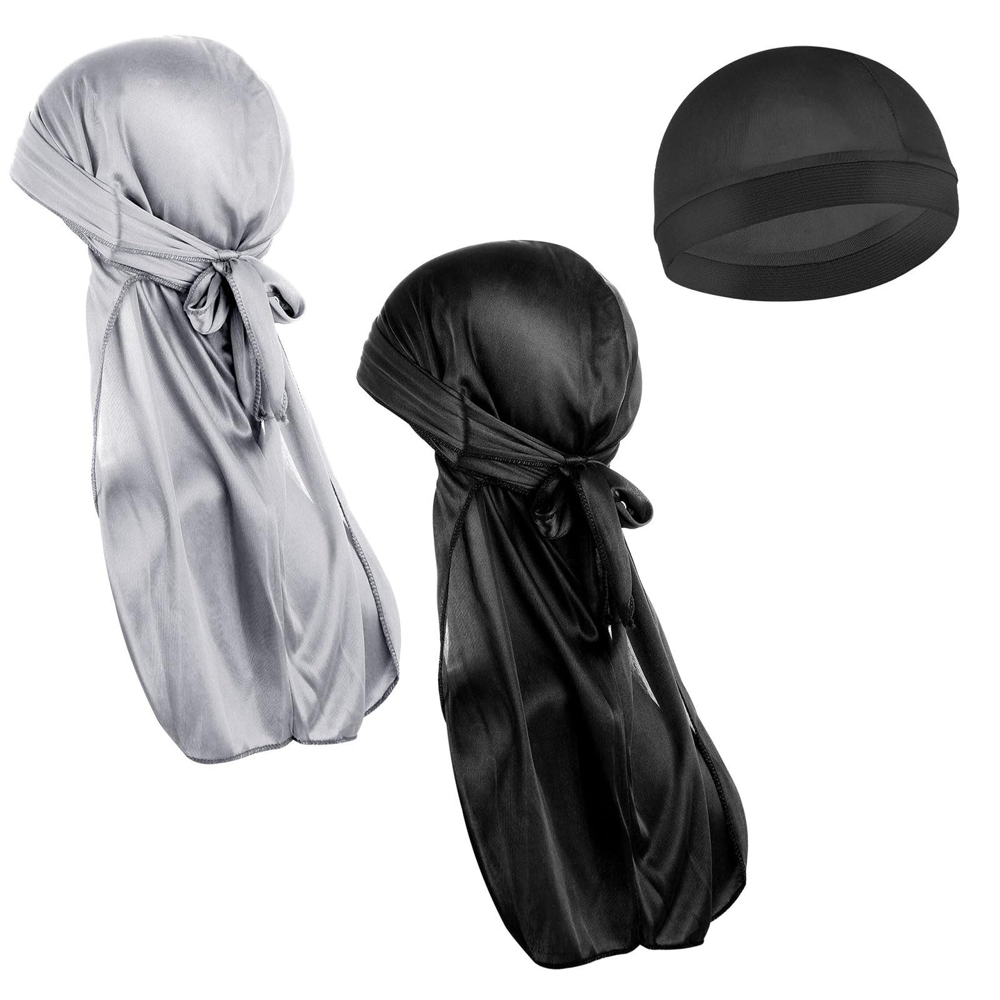 3Pcs Silky Durag Caps Elastic Wave Cap and Silky Durag Caps with Long Tail Headwraps Soft Breathable Silky Stocking Wave Hair Cap Wide Straps Pirate Cap Dome Smooth Hat for Hip-hop Everyday Decoration