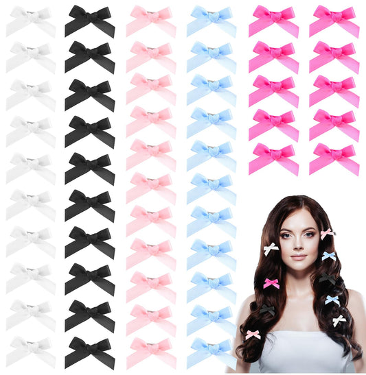 Wanmu 50Pcs Mini Bow Hair Clips, 6 Color Kawaii Hair Bows, Satin Ribbon Bowknot Hair Barrettes, Hairpins with Bowknots in Black, Pink, and White for Hair Design