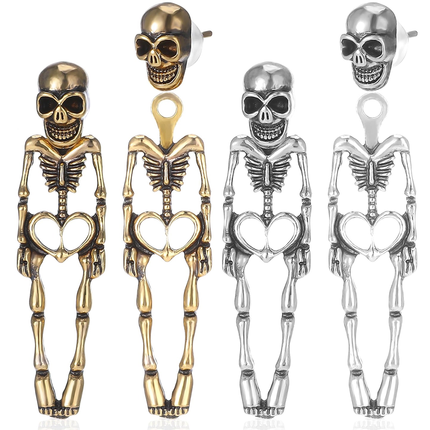 Sibba Skeleton Drop Earrings 2 Pairs Punk Halloween Earrings Spooky Skull Dangle Earrings Removable Ear Studs Scary Women Dangle Jewelry Costumes Accessories Gothic Gifts for Party