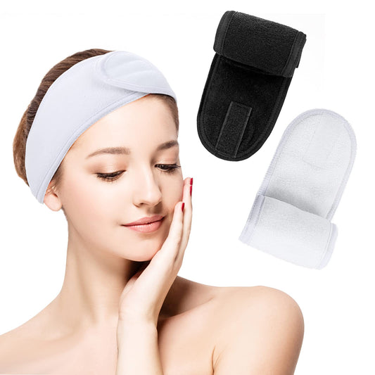 Sibba 2 Pack Spa Headband, Adjustable Headband for Face Wash Makeup Beauty, Facial Loop Yoga Headband Self-Adhesive Towel (Black&White)