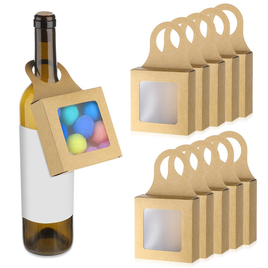 Sibba 10Pcs Kraft Paper Wine Bottle Box with Window Handles Hanging Foldable Gift Wine Boxes Empty Wine Bottles for Decoration Bottle Hanger Favor Box for Kitchen Dining Engagement Christmas