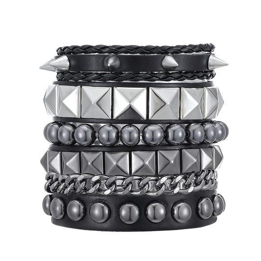 Wanmu Pack of 4 Punk Rock Bracelets, Wide Studded Rivet Bracelet, Leather Bracelet, Gothic Cuff Jewellery, Emo Accessories for Men, Women, Halloween, Christmas, Costume Party, Concert, Cosplay, Black