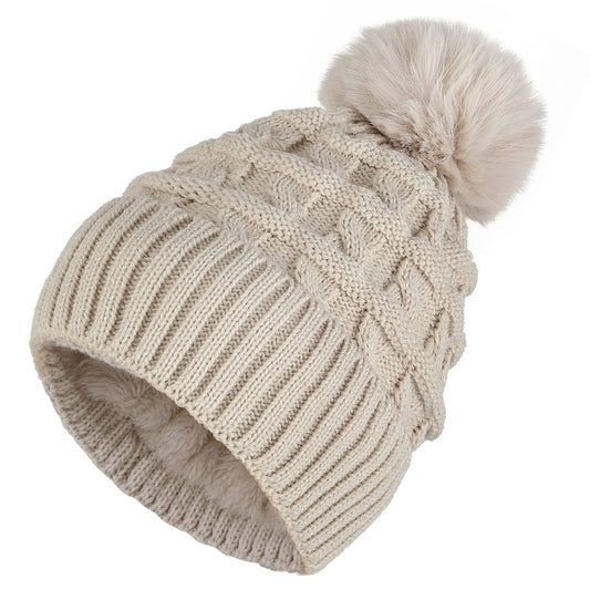 Sibba Bobble Hat for Women Winter Beanie Hats Thermal Fleece Lined Hat Ladies Knitted Wooly Hats with Faux Fur Pom Pom (Beige)