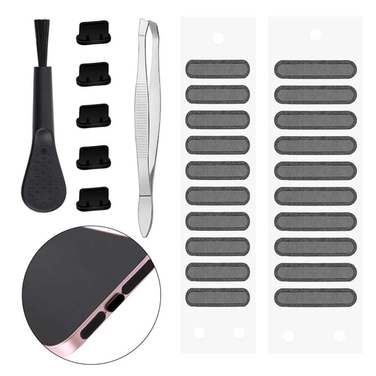 20Pcs Dust Plug Anti Dust Cover Protector Cap Silicone Anti Dust Plug Mesh Speaker Dustproof Adhesive Cover Charging Port cover with Phone Port Cleaning Brush Tweezer for Phone Type C Port Device