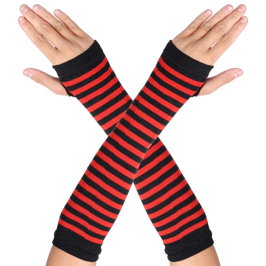 Sibba Fingerless Gloves Arm Warmers Long Goth Sleeves Halloween Cosplay Rock Gothic Striped Disco Warm Cuffs Winter Warmer Full Finger Mittens Christmas Carnival Women Clothes Costume (Red Striped)