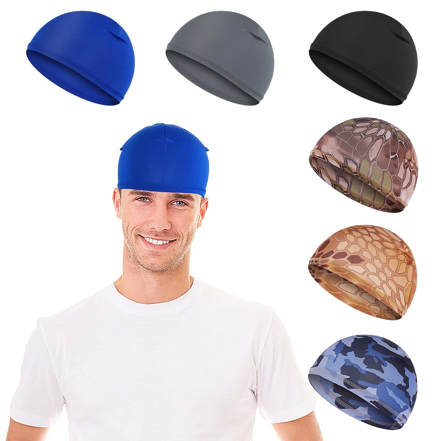 Sibba 6 Pieces Cycling Hat Cap Breathable Skull Hair Accessories Baseball Football Running Black Liner Cover Large Head Cooling Waves Headwear for Men Women Adults (Solid Color and Camouflage)