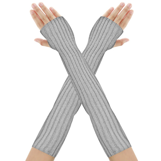 Sibba Fingerless Gloves Knit Arm Warmers Sleeves Goth Mittens Winter Costume Halloween Long Elbow Striped Punk Cosplay Thumb Hole Cover Base Layers Sports Women (Grey)