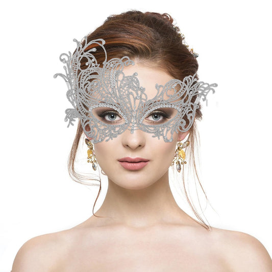 Sibba Masquerade Mask Halloween Costume Fancy Dress Party Feather Lace Jewel Eye Face Jewelry Holding Carnival Ball Set Wedding Festivals Easter Party Couples Women Adults(Silver with Gem)
