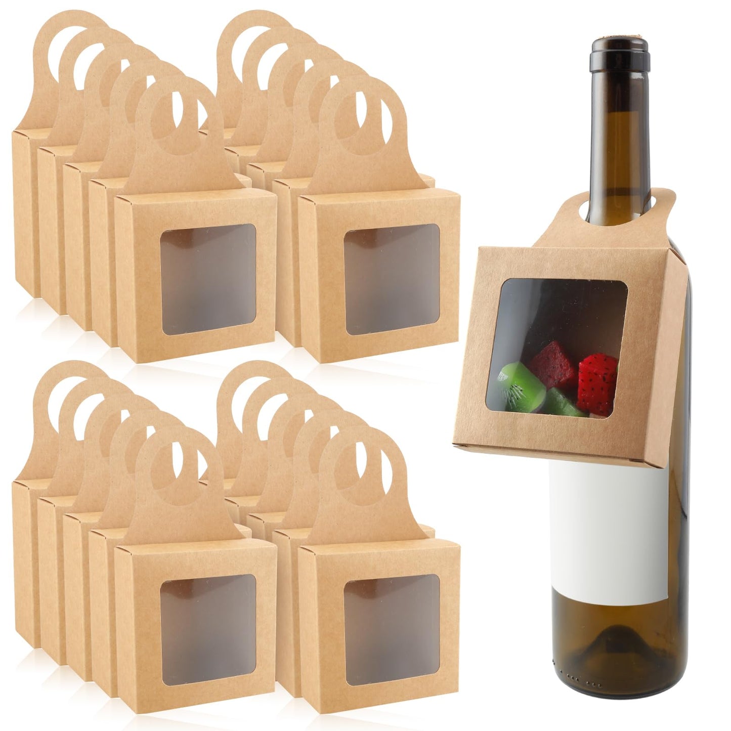 Sibba Kraft Paper Wine Bottle Box 20 Pcs with Window Handles Hanging Foldable Gift Wine Sets Folding Kraft Bags for Kitchen Christmas Dining Engagement