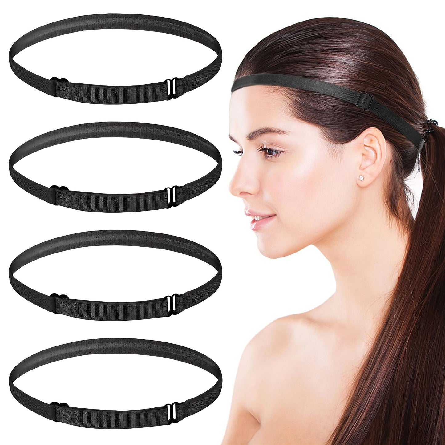 4 Pieces Elastic Sport Headbands Thin Non-Slip Sweat Bands Adjustable Silicone Grip Exercise Headwear Mini Football Running Hairbands for Women Men Cycling Workout Yoga Accessories(4 Black)