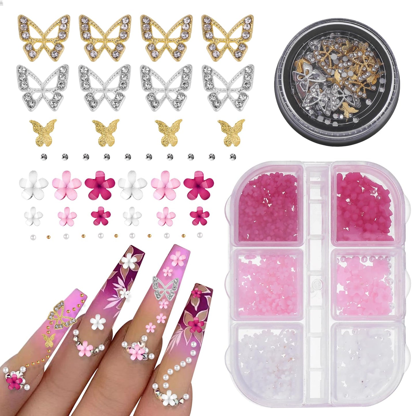 3D Flower Nail Charms, 2 Boxes 3D Acrylic Flower Nail Art Metal Butterfly Nail Charms With Nail Gems Half Round Pearls Manicure Y2k Nail Art Accessories for Women Girls