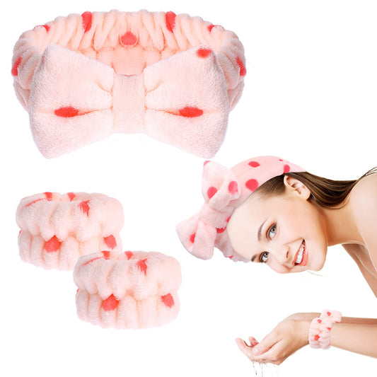 WLLHYF 3 Pieces Spa Headband Wrist Washband Scrunchies Cuffs for Washing Face Makeup Headband Facial Hairband Towel Wristbands Headband Face Wash Wristband for Women Girls (orange pink)