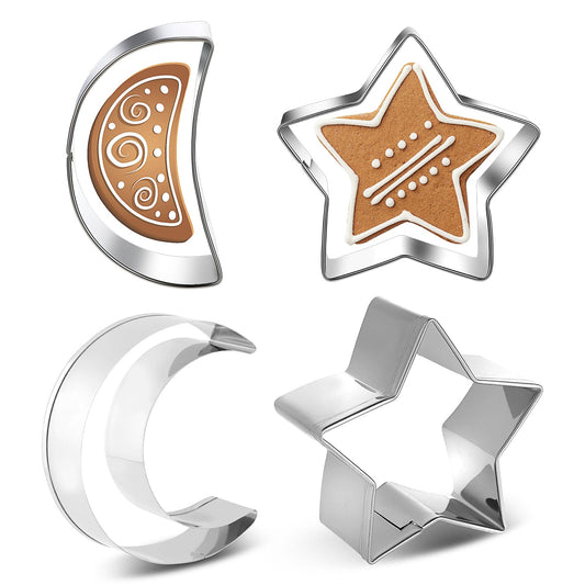 Sibba Moon Star Cookie Cutters 2 Pcs Biscuit Stainless Steel Baking Tools Fondant Molds Cutting Accessories Fit Night Sky Theme Pastry Birthday Party Halloween Kitchen (Silver)