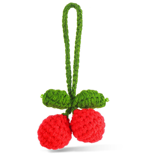 COMNICO Cute Cherry Car Mirror Hanging Ornament, Car Rear View Mirror Interior Pendant Accessories Hand Knitted Crochet Car Decor for Women Girls