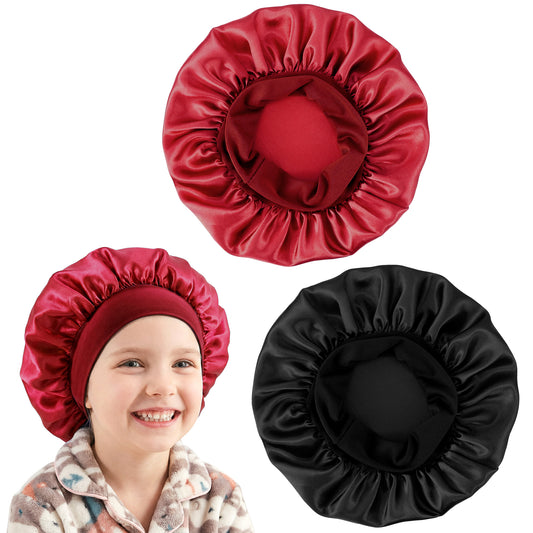 Wanmu 2Pcs Kid Bonnets for Girls Elastic Wide Band Satin Bonnets for Kids Sleeping Soft Toddler Bonnet Sleep Cap for Teens Boys Child Toddler Curly Hair Braids (Red, Black)