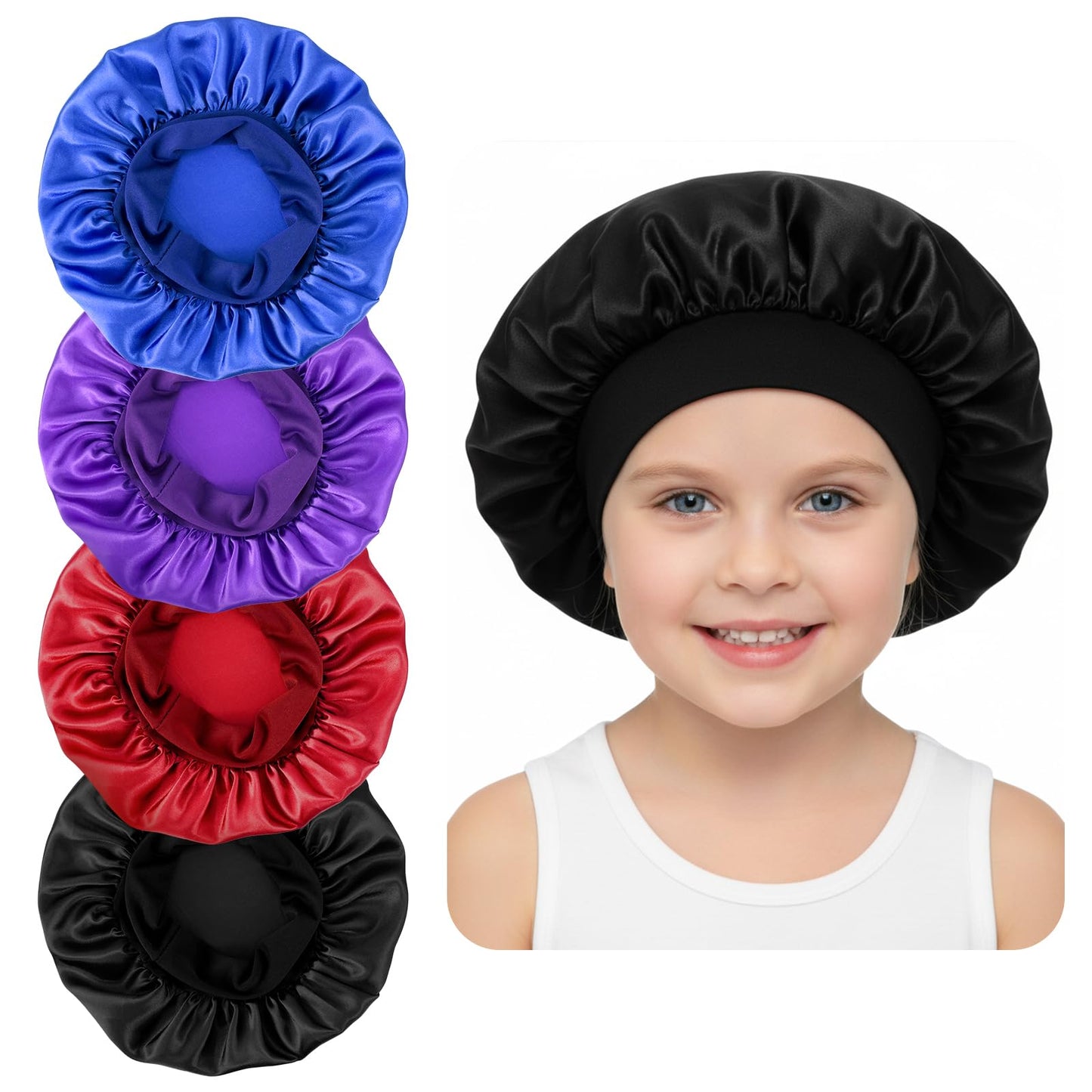 Wanmu 4PCS Bonnet for Kids, Elastic Wide Band Satin Bonnets for Curly Natural Hair Braids, Soft Silk Bonnet Sleep Cap for Teens Child Toddler Sleeping (Blue, Red, Black, Purple)