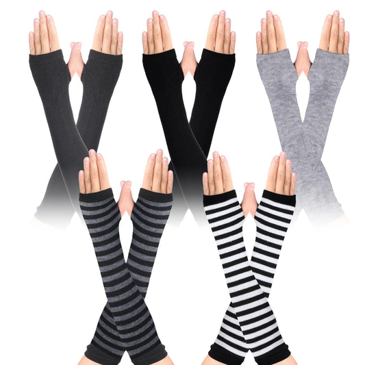 Sibba Fingerless Gloves Arm Warmers Goth Sleeves 5 Pairs Punk Rock Disco Clothes Outfits Gothic Halloween Cosplay Long Striped Winter Warm Costume Cuffs Finger Mittens Women(Multi-colored)