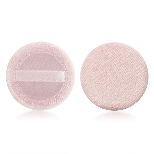 Sibba Loose Powder Puff 2 Pieces Round Velour Face Makeup Compact Body Container Setting Pressed Blending Foundation Cream Make Up Ribbon Strap Sponge Cushion Applicator (2 PCS Pink)