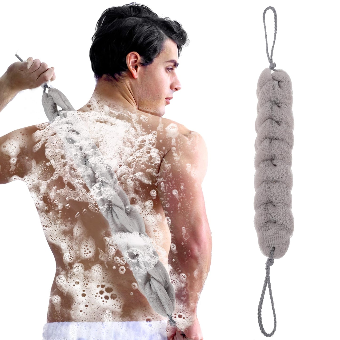 Sibba 1 PC Back Scrubber Shower Body Wash Sponge Loofah Bath Large Long Extended Puffs Stick Exfoliating Washing Removable Head Exfoliate Set Pack Mitts Soft Mesh Stretch Braided Strips Brush