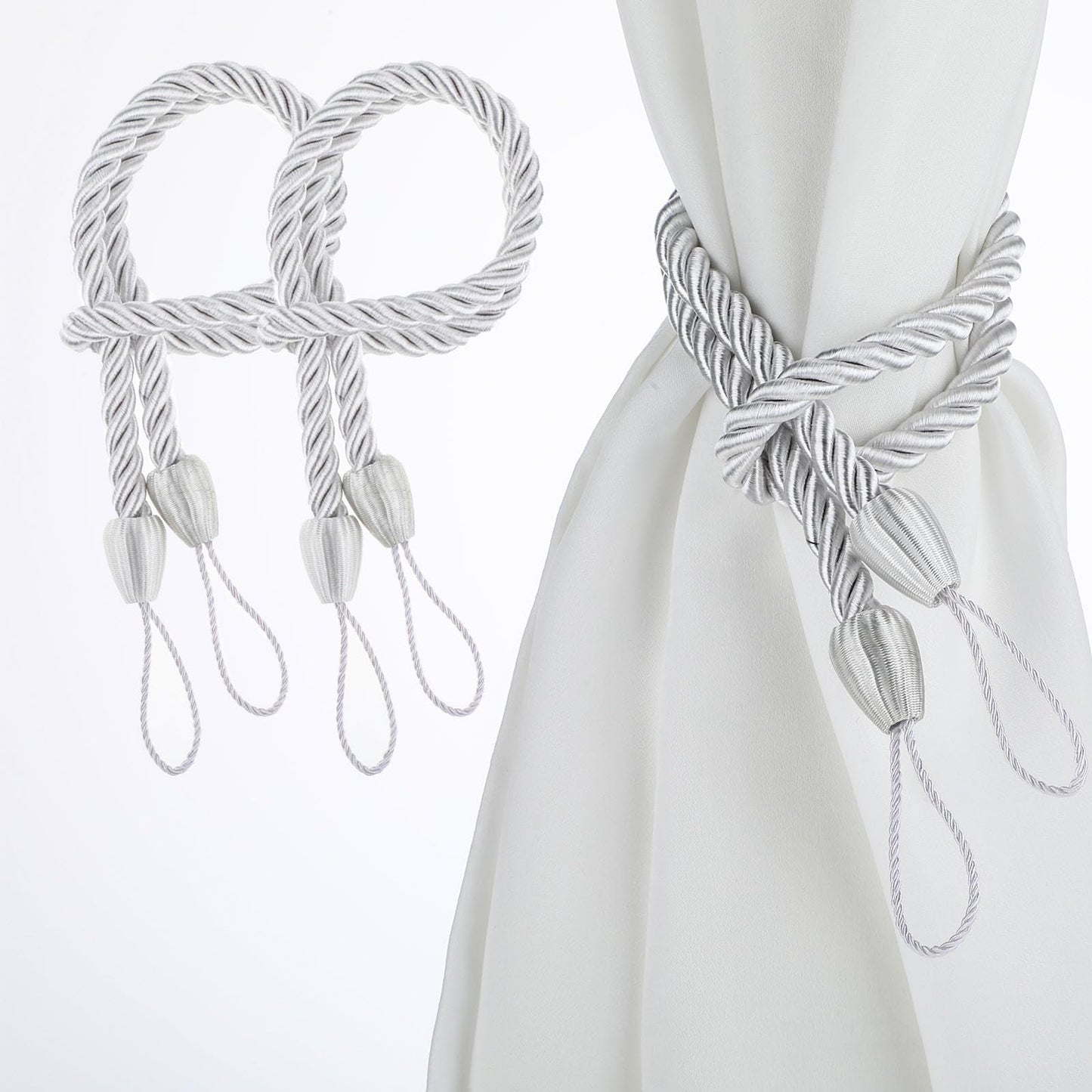 Sibba Curtain Tiebacks Ropes, 2PCS Elegant Decorative Curtain Tie Backs, Handmade Curtain Holdbacks Holders Cord, Tightly Woven Curtain Tiebacks for Indoor Outdoor Window Drapes(White)