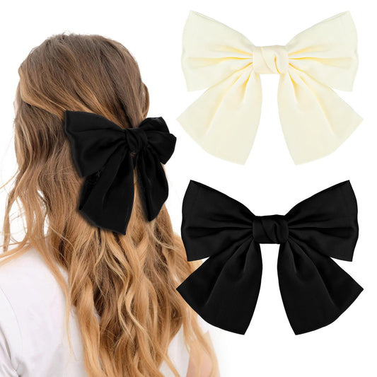2 Pcs Bow Hair Clip Hair Bows Solid Color for Women French Hair Barrette Clips Soft Satin Silky Hair Bows Hair Fastener Accessories for Women Girls (Black, White)
