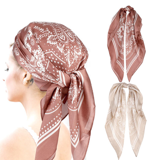 Dimeho 2 Pcs 27.5 Inches Satin Head Scarf, Square Satin Head Scarves Women Silk Bandana Hair Scarf Hair Wrap Neck Scarf for Girls, Multicolor, One Size
