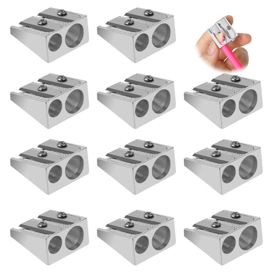 12 Pack Mini Pencil Sharpener Manual, 2-Hole Metal Handheld Pencil Sharpener Aluminum Alloy Sharpener Wedge Profile Pencil Crayon Sharpener (Silver)