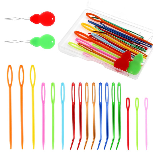 17 Pcs Yarn Needles Set Assorted Color Knitting Needle Kit Plastic Large Eye Blunt Weaving Needles Bent Tapestry Needles with Safety Lacing Threader for Sewing Crochet DIY Handmade Crafts