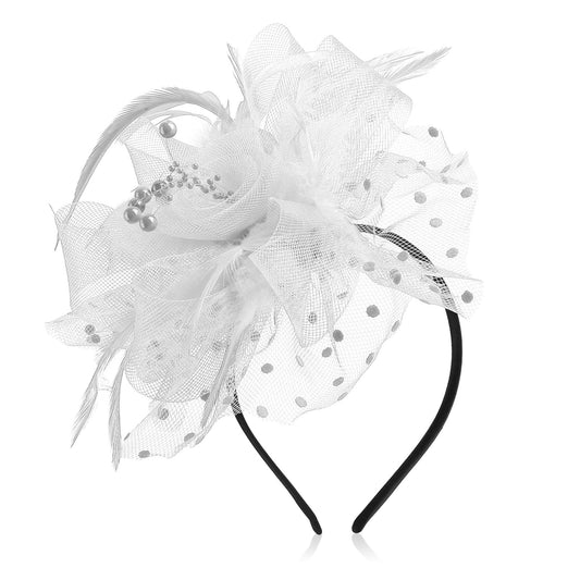 Sibba Women's Fascinator Hat Flower, Mesh Feathers Headband, Tea Party Clip Headpiece, Hair Accessories for Party Church Wedding for Women Girls (White)
