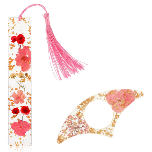 Dimeho 2 Pcs Book Page Holder Dried Flower Resin Thumb Press Book Mark with Tassel Clear Cute Book Marking Holder Reading Accessories Gift for Women Bookworms Readers Literary Students Teachers(Pink)
