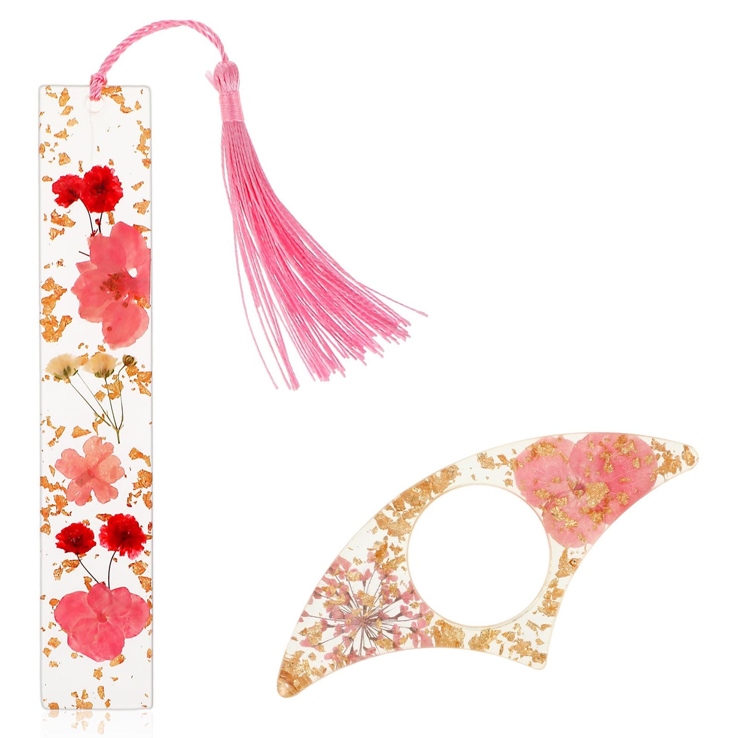 Dimeho 2 Pcs Book Page Holder Dried Flower Resin Thumb Press Book Mark with Tassel Clear Cute Book Marking Holder Reading Accessories Gift for Women Bookworms Readers Literary Students Teachers(Pink)