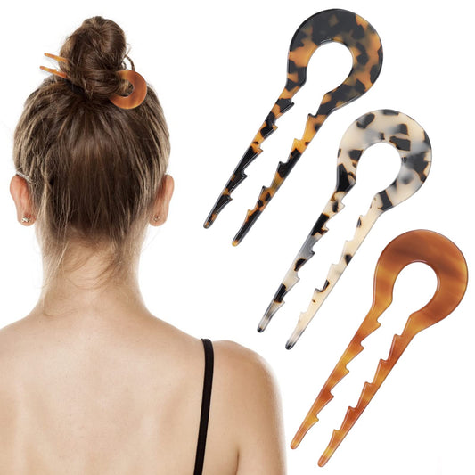 WLLHYF 3 PCS U Shaped Hair Pin French Hair Fork Acetate Vintage Hairpins 5 Inch Hair Sticks Serrated Non-Slip Hair Accessories for Women Girls