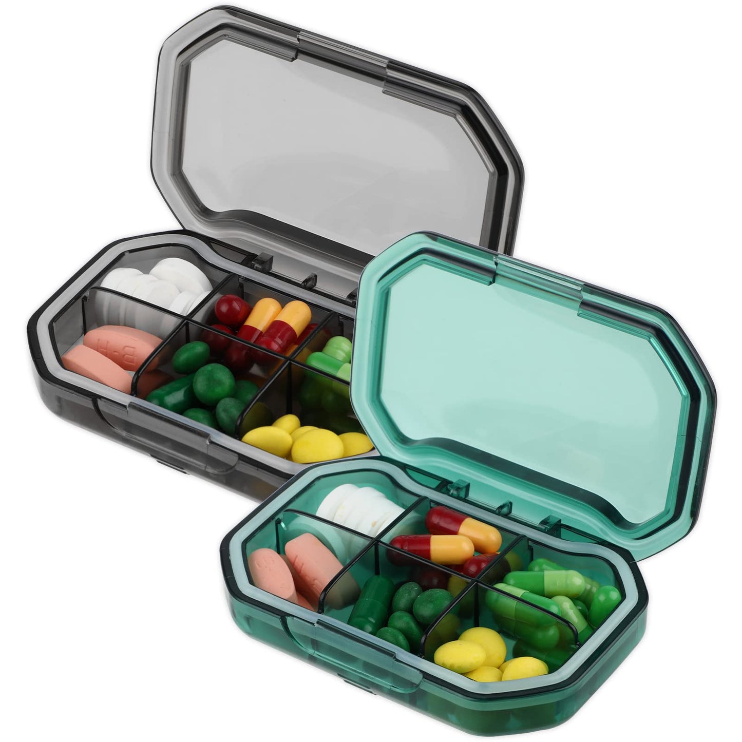 Sibba Daily Pill Organizer, 2 Pack 6 Compartments Portable Pill Case, Mini Pill Container for Pocket, Medicine Box for Camping Travel Vacation